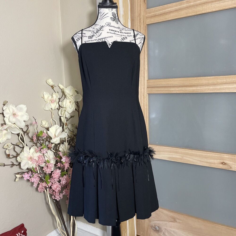 Black Feather Trim Cocktail Dress 1920s Flapper Drop Waist Evening Party Size 10